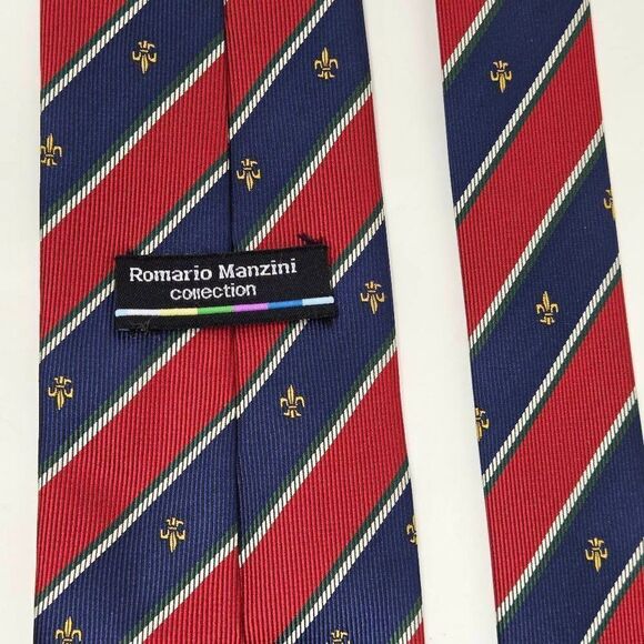 ROMARIO MANZINI COLLECTION SILK TIE BLUE RED REPP STRIPE FLEUR DE LIS 3.5" X 58" - Picture 3 of 4